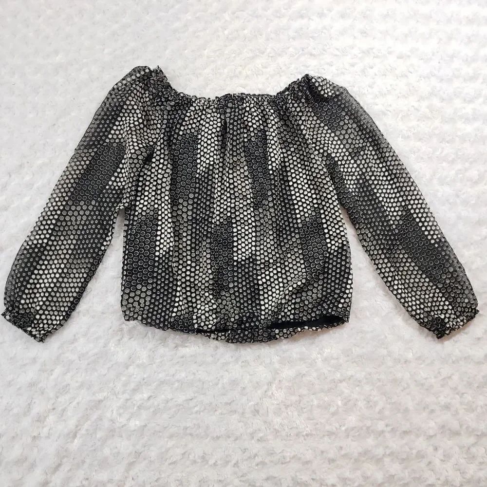 White House Black Market off the shoulder grey polka dot blouse with elastic wai